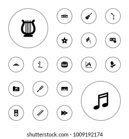 Editable vector music icons: piano toy, bell, music note, fast forward, tonometer, record player, guitar, drum, drum stick, earphones, harp, loudspeaker on white background.