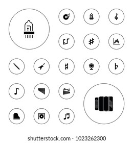 Editable vector musical icons: treble clef, music note, harmonica, gong, musical sharp, disc and music note, microphone, guitar, panel control, xylophone on white background.