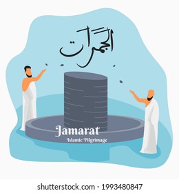 Editable Vector of Muslim Pilgrims Pelting Jamarat Stone Pillar Illustration in Flat Style for Artwork Elements of Islamic Hajj Pilgrimage Design Concept