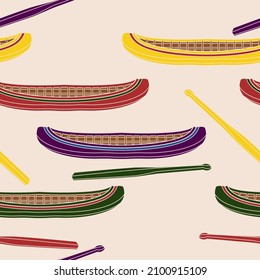 Editable Vector of Native American Canoe With Paddle Illustration in Various Colors as Seamless Pattern for Creating Background of Traditional Culture and History Related Design