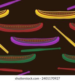 Editable Vector of Native American Canoe With Paddle Illustration in Various Colors as Seamless Pattern With Dark Background for Traditional Culture and History Related Design