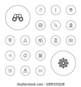 Editable vector navigation icons: reload, compass, navigation arrow, location pin, helm, road, binoculars, pause, download, dollar location, play, pointer on white background.