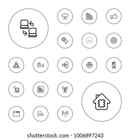 Editable vector network icons: connection, share, cpu in house, transmitter, cloud connection, globe and plane, holding globe, thumb up, server on white background.