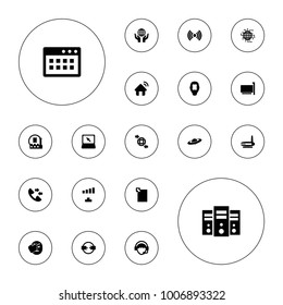 Editable vector network icons: signal, cpu, cpu in head, cpu planet, qround the globe, laptop, operator, server, router, phone connection cable on white background.