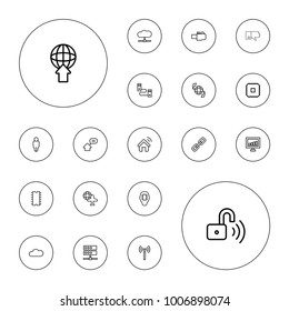Editable vector network icons: signal tower, signal, chain, user, cpu, cpu in head, globe and plane, qround the globe, server, cloud, phone cable on white background.