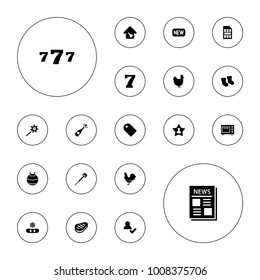 Editable vector new icons: chicken, baby socks, sparklers, add user, opened champagne, snowflake, fit ball, tag, news, favorite user, beef, home key on white background.