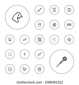 Editable vector new icons: chicken, 7 number, sparklers, bucket, opened champagne, flippers, family house, fit ball, news, sparkler, cookie, confetti on white background.