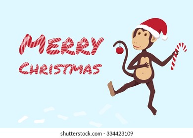 Editable Vector New Year card. Monkey in Santa hat with candy and Christmas toys. Letters of sweets.