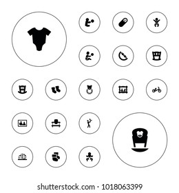 Editable vector newborn icons: baby bed, baby socks, child bicycle, newborn child on white background.