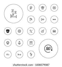 Editable vector night icons: jetway, observatory, bar, clock alarm, zzz, bed, street lamp, table lamp, sun and moon, 24 hours, 24 7 hour on white background.