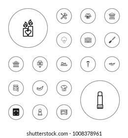 Editable vector nobody icons: baby food, barber brush, woman in hammock, banana, toilet brush, dirty laundry, bank, luggage scan, candle heart on white background.