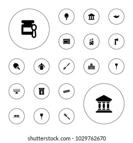 Editable vector nobody icons: baby food, barber brush, woman in hammock, toilet brush, ping pong racket, candle heart, bank, hospital building, reserved on white background.