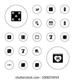 Editable vector number icons: dice, domino, 7 number, intersection, 14 date, calendar, 14 date calendar, lotto on white background.