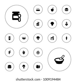Editable vector nutrition icons: egg, mushroom, carrot, cauliflower, baby food, porridge, burger, chicken leg, burger with sausage, apple, protein powder on white background.