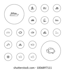 Editable vector ocean icons: fish, boat, ship, cargo ship, home on island, windsurfing, helm, surfing, dolphin, turtle on white background.