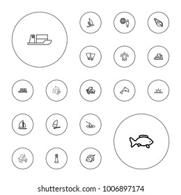 Editable vector ocean icons: fish, lighthouse, flippers, sun rise, cargo ship, globe and man, sailboat, windsurfing, turtle  illsutration, shell, surfing on white background.