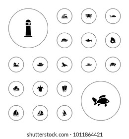 Editable vector ocean icons: fish, turtle, boat, cargo ship, home on island, sailboat, turtle  illsutration, surfing, extinct sea creature, octopus, seal on white background.