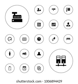 Editable vector office icons: resume, school, eraser, user, building, paper pin, wall clock, 1st day calendar, clock, sofa, pin, clipboard with chart on white background.