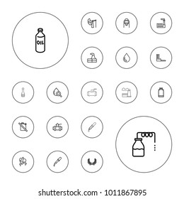 Editable vector oil icons: canister, oil, tank, factory, pipette, pump, drop under magnifier, harbor, drop, olive wreath on white background.