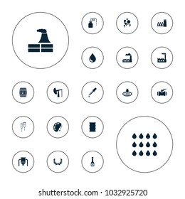 Editable vector oil icons: factory, pipette, water drop, barrel, drop, olive wreath, oil derrick, blood, canister, oil, tank, pump on white background.