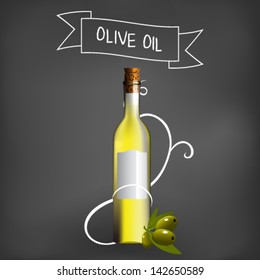 Editable vector olive oil bottle on chalkboard background.Olive seeds. Retro advertisement.