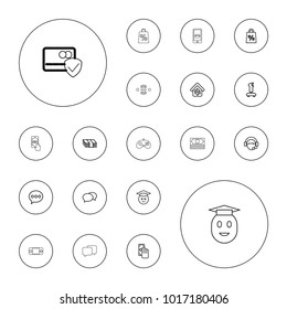 Editable vector online icons: chat, cash payment, graduate emoji, joystick, money, shopping sale, operator, home connection, card protection on white background.