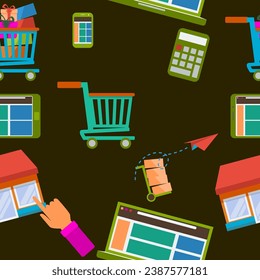Bearbeitbarer Vektorgrafik von Online-Shop-Illustration Nahtloses Muster in flachem Stil mit dunklem Hintergrund für dekorative Elemente von Marketingzwecken