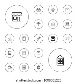 Editable vector open icons: window, umbrella, book, seed bag, love letter, box, at mail, notebook, ring in box, lock home, door warning, store on white background.
