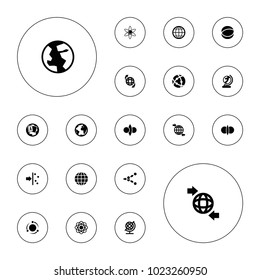 Editable vector orbit icons: globe, atom, atom fusion, qround the globe, planet on white background.