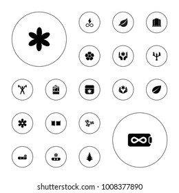 Editable vector ornament icons: gate, flower, leaf, snowflake, christmas tree, endless battery, candlestick on white background.
