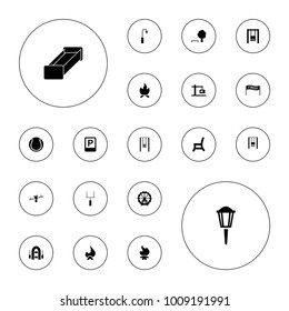 Editable vector outdoor icons: ferris wheel, swing, tree and bench, bonfire, outdoor chair, construction  crane, parking, goal post, garden bench on white background.