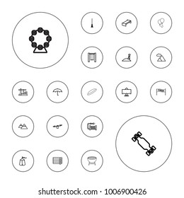Editable vector outdoor icons: garden bench, wooden wall, swing, rake, water hose, mountain, umbrella, construction  crane, restaurant table, skate board on white background.