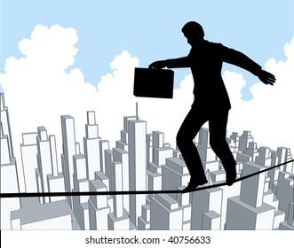 Editable vector outline of a businessman walking a tightrope