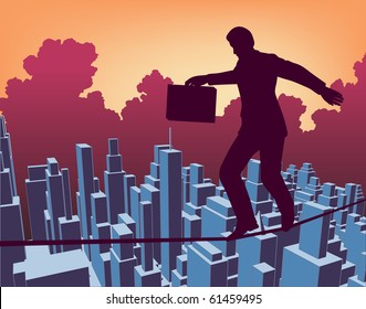 Editable vector outline of a businessman walking a tightrope