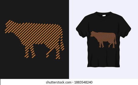 Editable vector outline image of Cow with brown stripes isolated on black background. Vector T-shirt silhouette. Front side. Line art t-shirt design. Vector illustration Eps10. Editable stroke.
