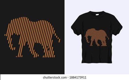 Editable vector outline image of elephant with brown stripes isolated on black background. Vector T-shirt silhouette. Front side. Line art t-shirt design. Vector illustration Eps10. Editable stroke.
