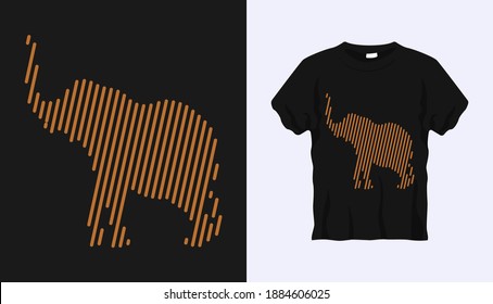 Editable vector outline image of  elephant raising its trunk with brown stripes isolated on black background. Vector T-shirt silhouette. Front side. Line art t-shirt design. Editable stroke.
