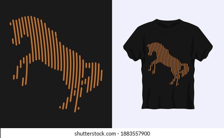 Editable vector outline image of jumping horse with brown stripes isolated on black background. Vector T-shirt silhouette. Front side. Line art t-shirt design. Vector Eps10. Editable stroke.
