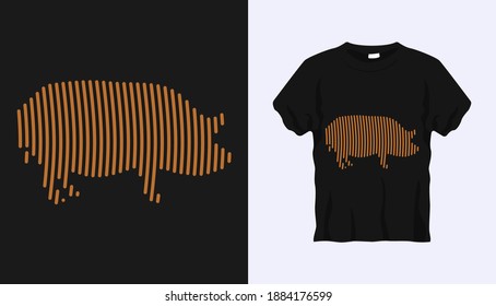 Editable vector outline image of pig with brown stripes isolated on black background. Vector T-shirt silhouette. Front side. Line art t-shirt design. Vector illustration Eps10. Editable stroke.
