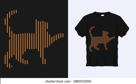 Editable vector outline image of Playful cat looks up and stands with brown stripes isolated on black background. Vector T-shirt silhouette. Front side. Line art t-shirt design. Editable stroke.
