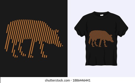 Editable vector outline image of wild boar with brown stripes isolated on black background. Vector T-shirt silhouette. Front side. Line art t-shirt design. Editable stroke.
