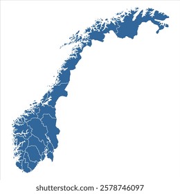 Editable vector outline map of Norway divided into counties