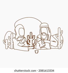 Editable Vector of Outline Style Arab Man Pouring Arabic Coffee From Dallah Pot into Finjan Cup for His Wife Illustration for Islamic Moments or Arabian Culture Cafe and Family Related Design