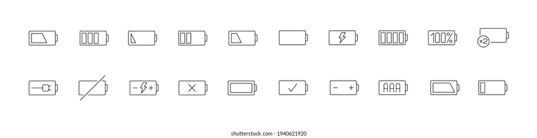 Paquete de vectores editable de iconos de línea de batería. Señales de moda para sitios web, aplicaciones e interfaz de usuario. Juego premium de iconos de línea delgada de la batería.