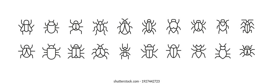 Editable vector pack of bug line icons. Trendy stroke signs for website, apps and UI. Premium set of bug thin line icons.