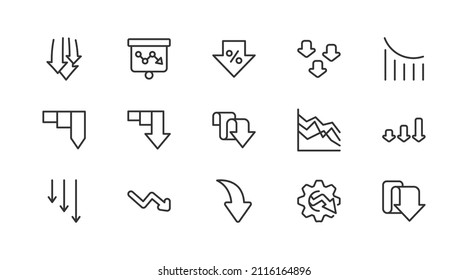 Editable vector pack of decrease  line icons. Trendy stroke signs for website, apps and UI. Premium set of decrease  thin line icons.
