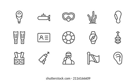 Editable vector pack of diving  line icons. Trendy stroke signs for website, apps and UI. Premium set of diving  thin line icons.