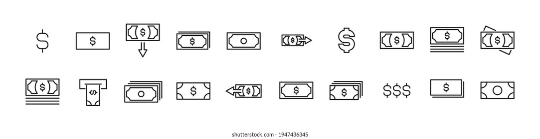 Editable vector pack of dollar line icons. Trendy stroke signs for website, apps and UI. Premium set of dollar thin line icons.