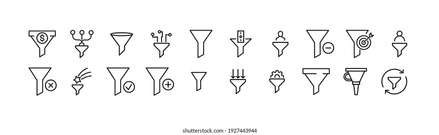 Editable Vector Pack Of Funnel Line Icons. Trendy Stroke Signs For Website, Apps And UI. Premium Set Of Funnel Thin Line Icons.