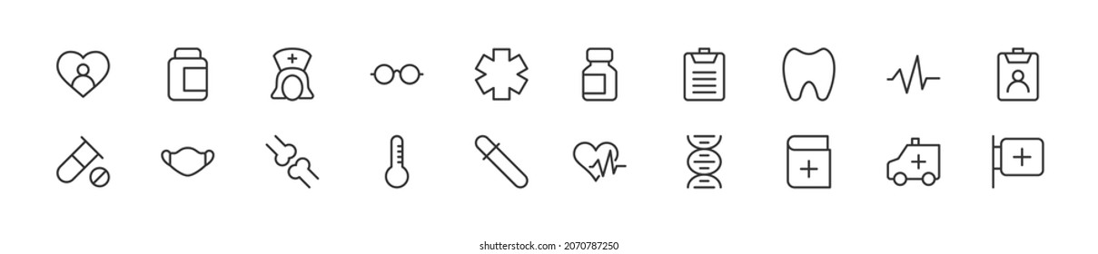 Editable vector pack of health line icons. Trendy stroke signs for website, apps and UI. Premium set of health thin line icons.